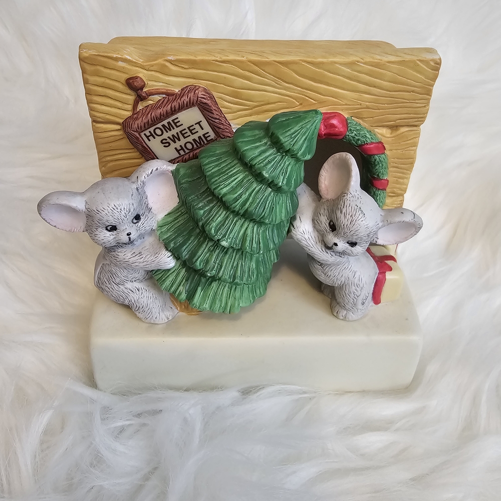 Festive Mouse Figurine with Green Tree and Candy Cane
